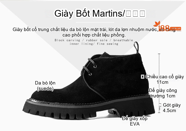 Giày Boot Martin Nam Da Mờ Cổ Cao Chiều Cao Đế Khoảng 5cm Màu Đen, Nâu chi tiết 1