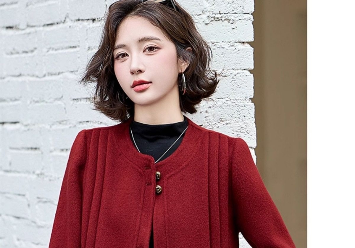 Áo Khoác Lông Cừu Nữ Màu Đỏ Đô Phong Cách Tiểu Thư chi tiết 37