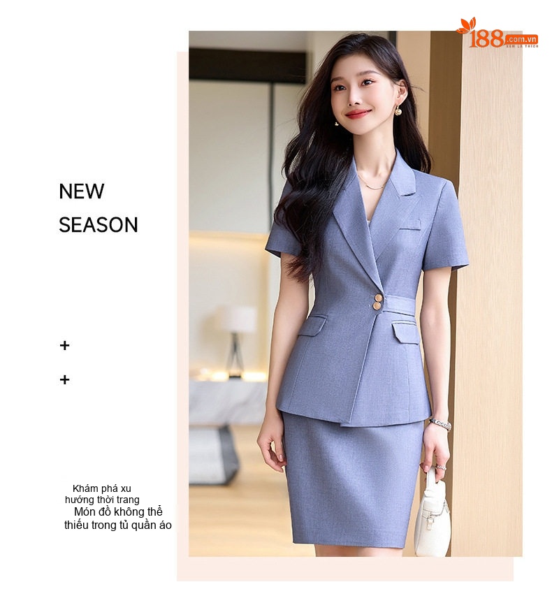 Bộ Vest Công Sở Nữ Tay Ngắn Áo Blazer Quần/Chân Váy Màu Xám, Đen, Xanh Dương chi tiết 17