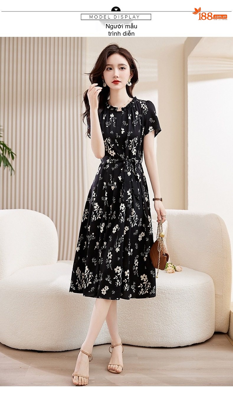 Váy Xòe Nữ Cổ Tròn Tay Ngắn Họa Tiết Hoa Nhí Thắt Eo Thanh Lịch Màu Trắng Kem, Đen chi tiết 14