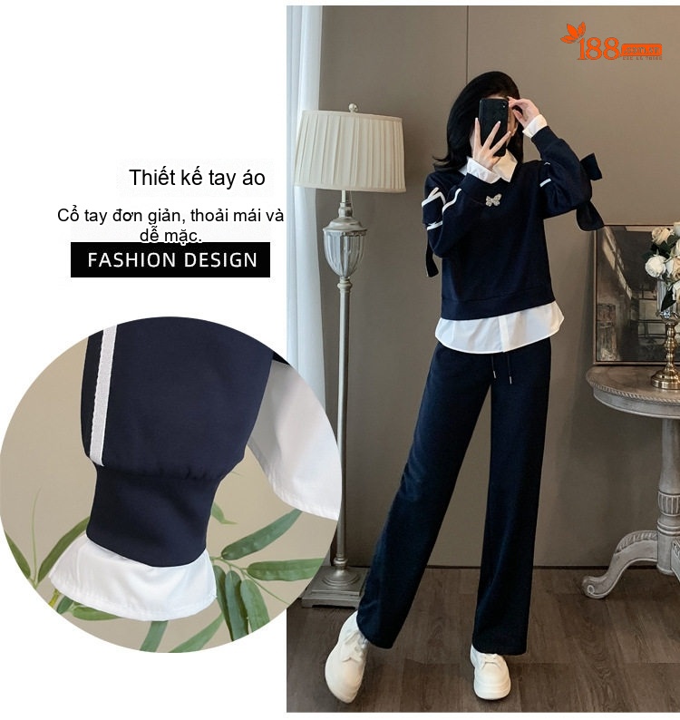 Set bộ áo giả hai lớp quần ống rộng dáng thể thao nữ chi tiết 3