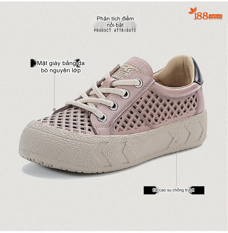 Giày Búp Bê Nữ Da Bò Lỗ Thoáng Khí Đế Bằng Đế Cao 3cm - 4cm Màu Kem, Hồng chi tiết 3