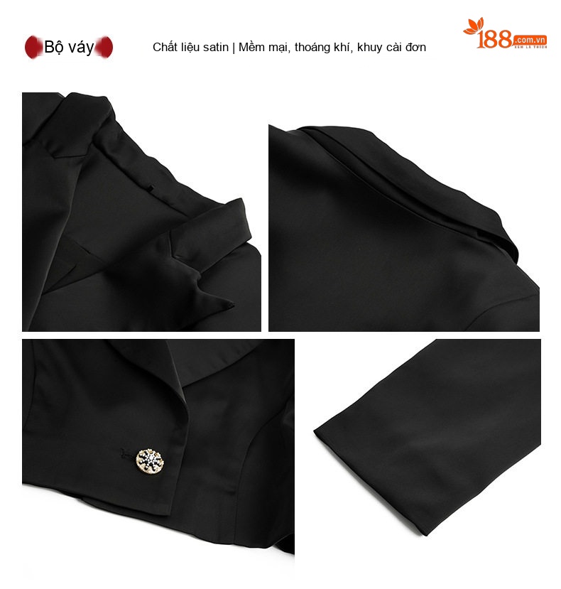 Set Áo Vest Ngắn Tay Dài và Đầm Dây Rút Eo Dáng Đuôi Cá Phong Cách Quý Cô Màu Đen chi tiết 5