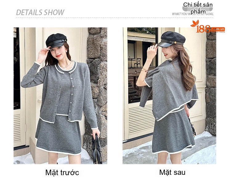 Set Áo Khoác Cardigan Dệt Kim và Chân Váy Nữ Tính Phong Cách Tiểu Thư Màu Xám, Đen chi tiết 3
