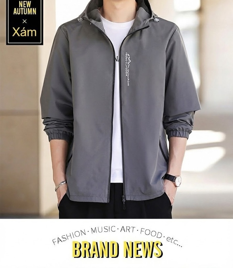 Áo Khoác Nam Dáng Ôm Có Mũ Trùm Đầu Màu Xám, Xanh Dương, Xanh Lá, Đen chi tiết 11