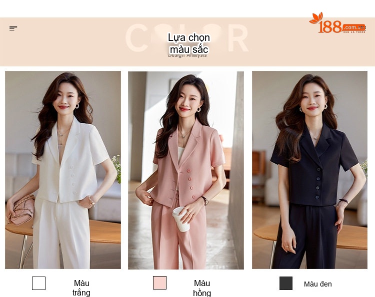 Bộ Vest Nữ Quần Ống Rộng Áo Blazer Ngắn Tay Lửng Phong Cách Công Sở Màu Hồng, Trắng, Đen chi tiết 4