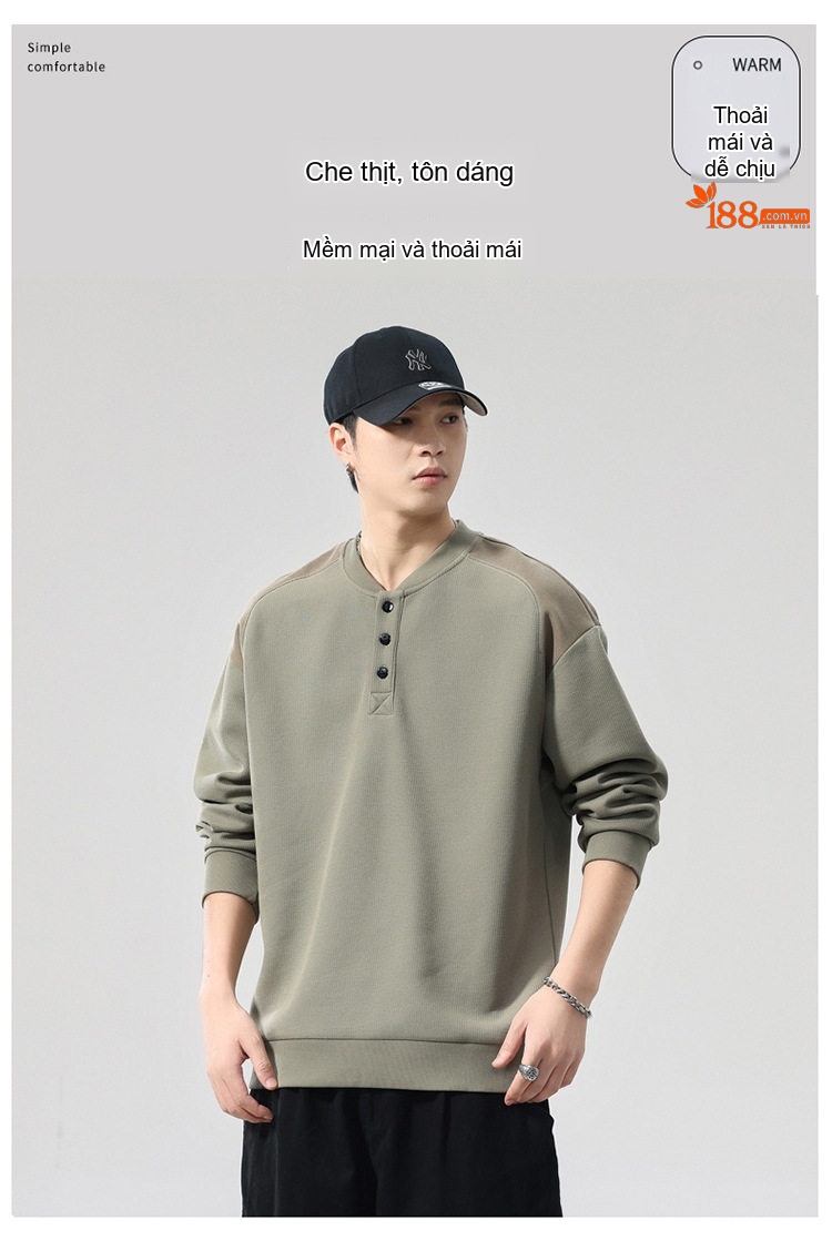 Áo Sweatshirt Tay Dài Cổ Henley Phong Cách Retro Mỹ Form Rộng Màu Đen, Xanh Olive, Đỏ Tía chi tiết 6