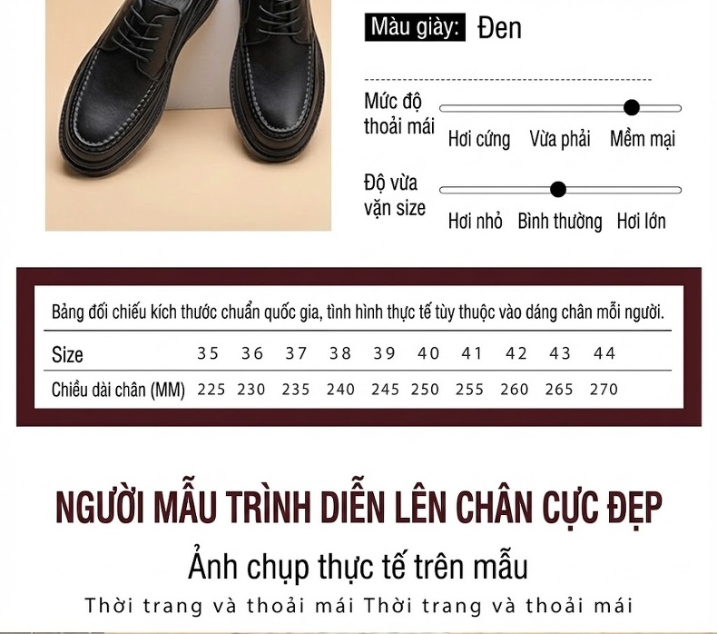 Giày Tây Buộc Dây Nam Da Bò Êm Ái Chiều Cao Đế Khoảng 3.5cm Màu Đen chi tiết 5