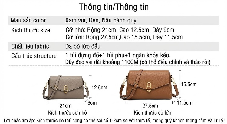 Túi Xách Tay Nữ Da Bò Lớp Đầu Đeo Vai Đeo Chéo Mini Màu Xám Voi, Đen, Bánh Quy chi tiết 2