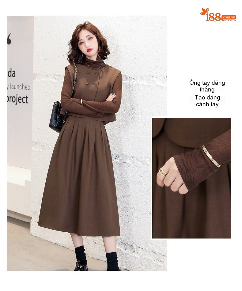 Váy Bộ Nữ Thu Đông Áo Gilet Khoác Lửng và Đầm Liền Thân Dài Tay Chất liệu Dệt Kim Màu Đen, Nâu chi tiết 8