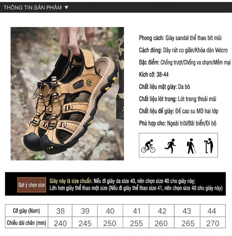 Sandal Rọ Nam Da Thật Thoáng Khí Đi Biển Chiều Cao Đế Khoảng 3cm Màu Nâu, Đen chi tiết 5