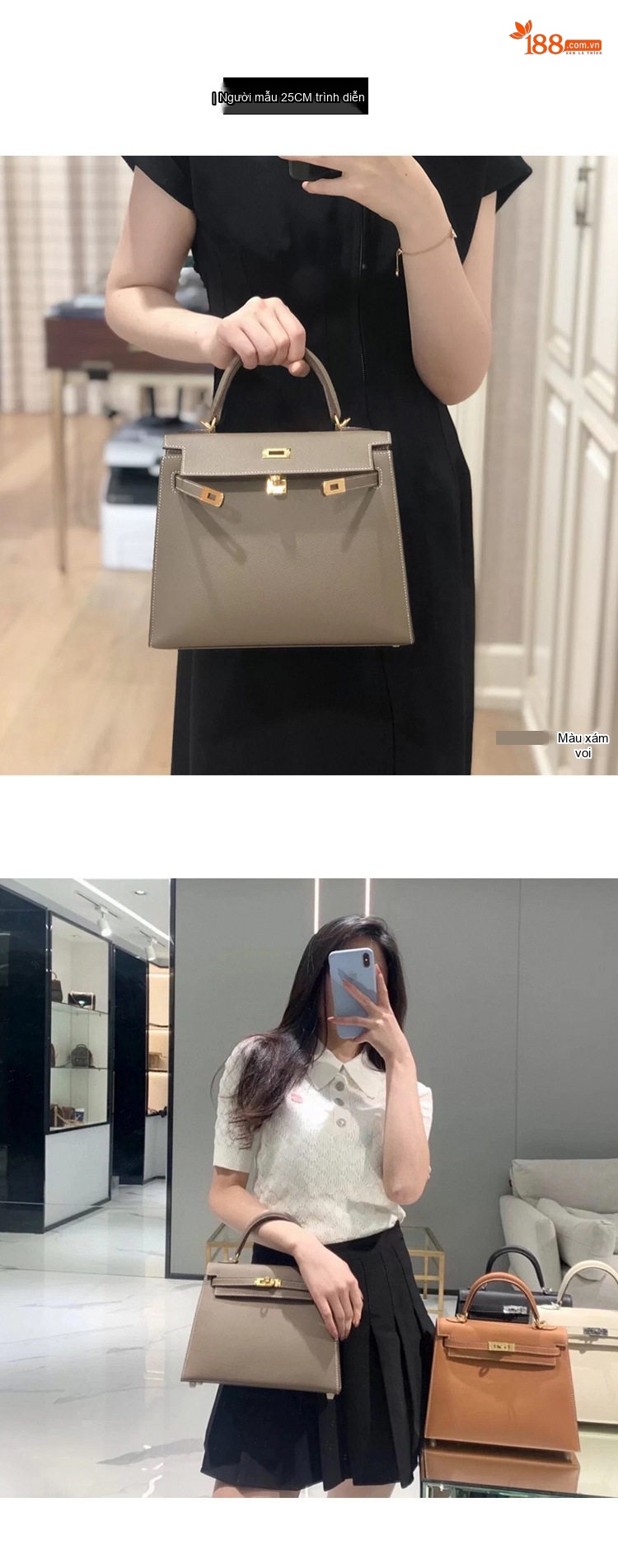 Túi Kelly Mini Da Bò Vân Tay Cầm Tay Đeo Vai Chéo Phong Cách Thời Trang Màu Trắng, Nâu, Xám, Đen... chi tiết 16