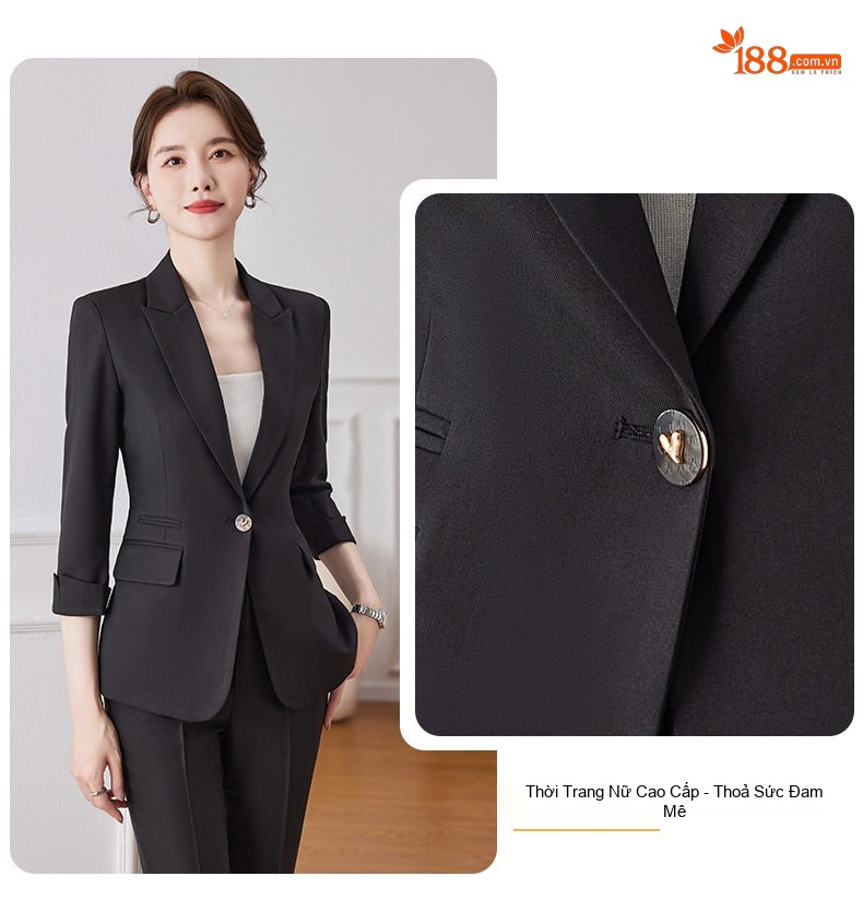 Bộ Vest Công Sở Nữ Tay Lỡ Phong Cách Hàn Quốc Màu Kem, Xanh, Đen chi tiết 6