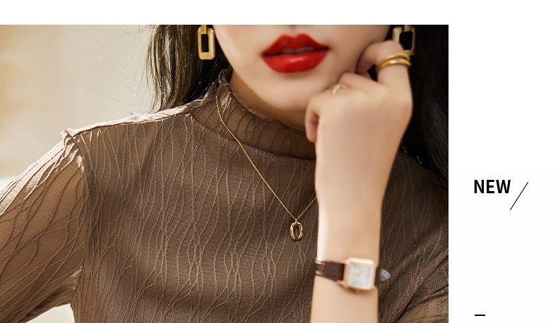 Áo Thun Lưới Dài Tay Nữ Cổ Bán Cao Ôm Dáng Phong Cách Thời Trang Màu Nâu chi tiết 15