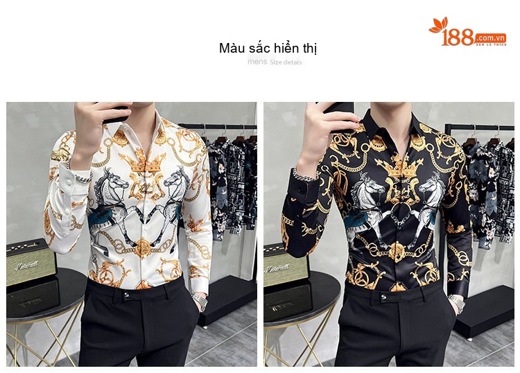 Áo Sơ Mi Nam Tay Dài In Họa Tiết Cá Tính Phong Cách Âu Mỹ Màu Đen, Trắng chi tiết 1