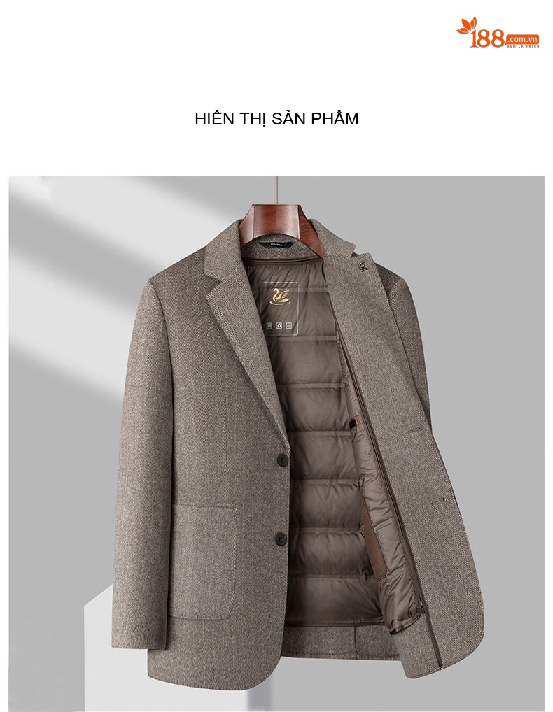 Áo Khoác Nam Dáng Vest Lông Vũ Dày Dặn, Áo Khoác Dạ Hai Mặt Màu Nâu chi tiết 20