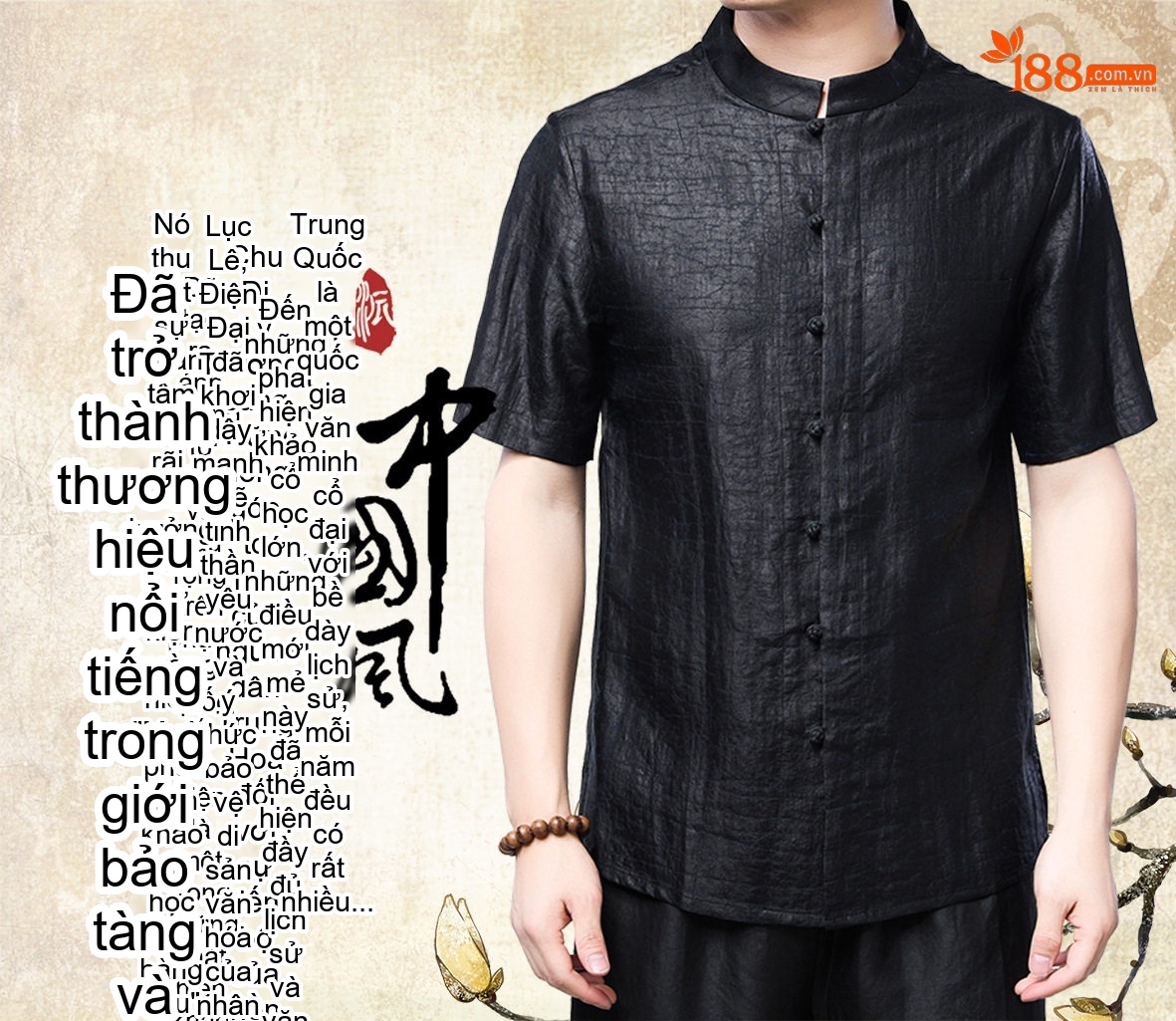 Áo Sơ Mi Nam Tay Ngắn Trung Niên Lụa Tơ Tằm Hương Vân Sa Cổ Tàu Họa Tiết Rạn Màu Đen chi tiết 1