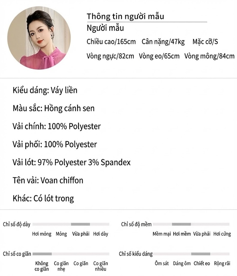 Váy liền thân Nữ Cổ Nơ Tay Dài Voan Chân Váy Bó Đính Kim Sa Màu Hồng chi tiết 2