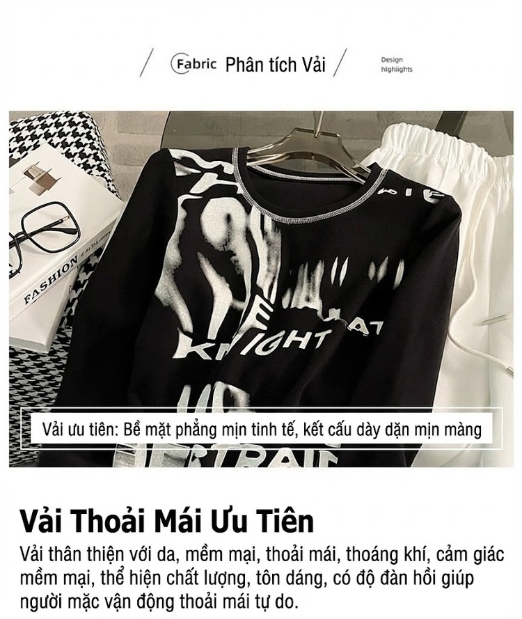 Set Bộ Nữ Áo Thun Tay Dài Quần Ống Rộng Cotton Phong Cách Casual Màu Đen, Trắng chi tiết 6