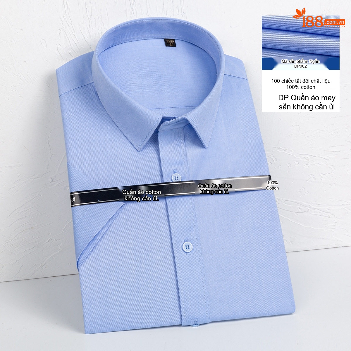 Áo Sơ Mi Nam Tay Ngắn Cotton Dáng Ôm Chống Nhăn Màu Xanh, Trắng chi tiết 5