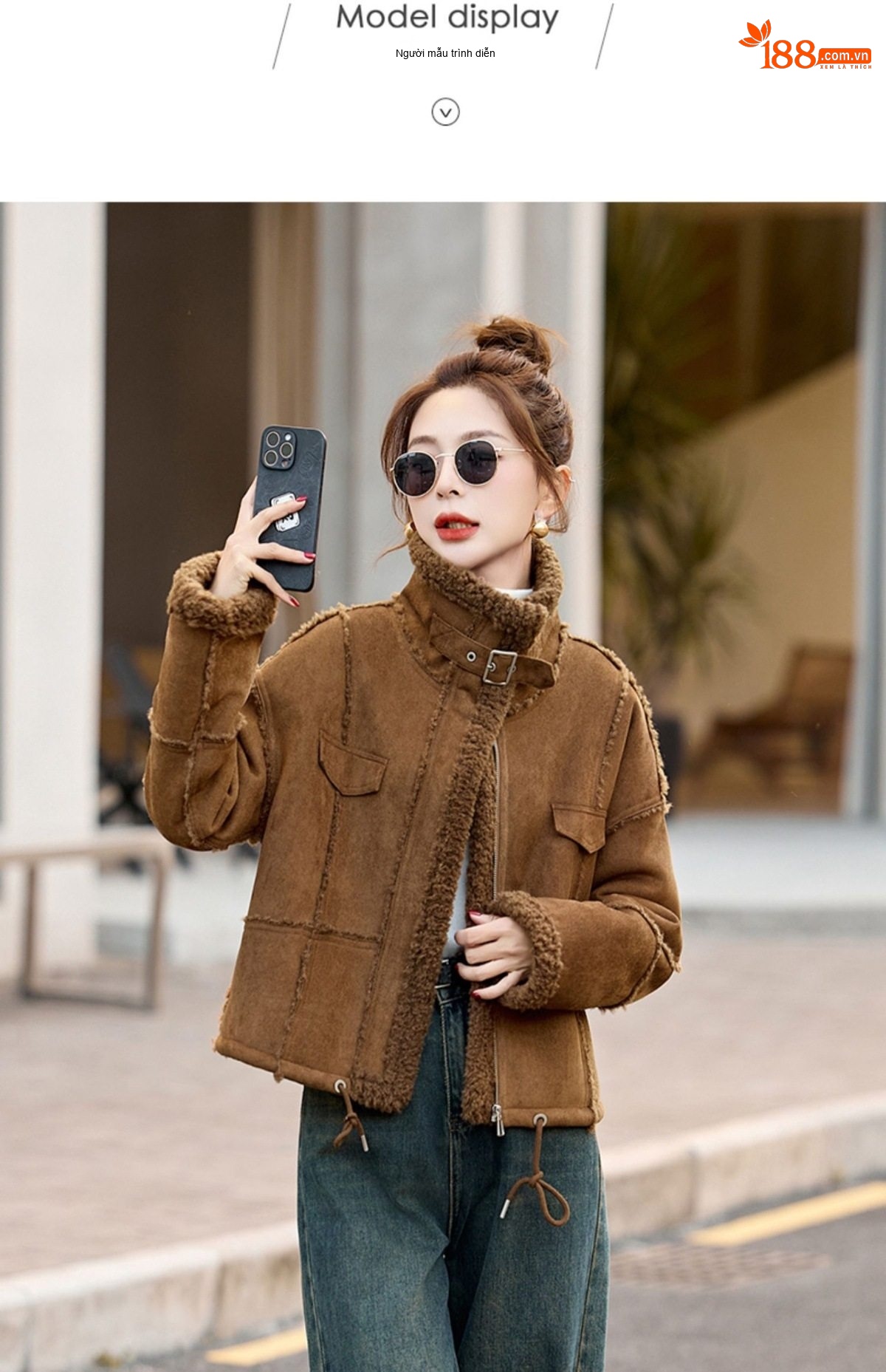 Áo Khoác Lông Cừu Non Nữ Lót Nhung Dày Dặn Kiểu Bomber Da Lộn Màu Be, Nâu chi tiết 28