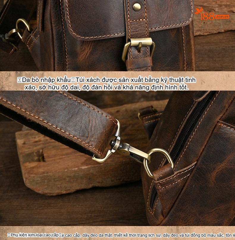 Túi Đeo Ngực/Đeo Chéo Nam Da Bò Sáp (Da Bò Điên) Phong Cách Âu Mỹ Cổ Điển Dung Tích Lớn Màu Nâu, Đen chi tiết 16