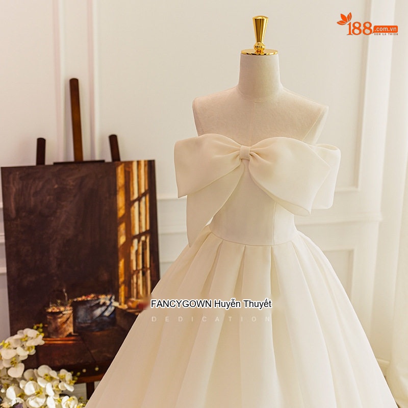 Váy Cưới Ngắn Hở Vai Lụa Satin Nơ Bướm Dự Tiệc Tối Cho Nữ Màu Trắng