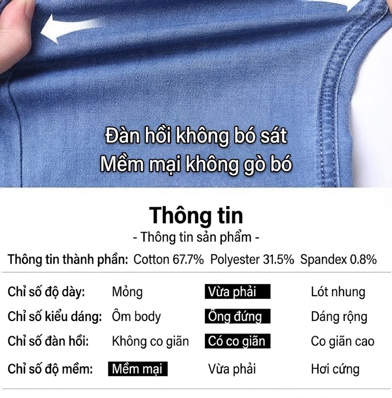 Quần Jean Dài Nam Ống Đứng Co Giãn Vừa Vặn Màu Xanh Navy chi tiết 8