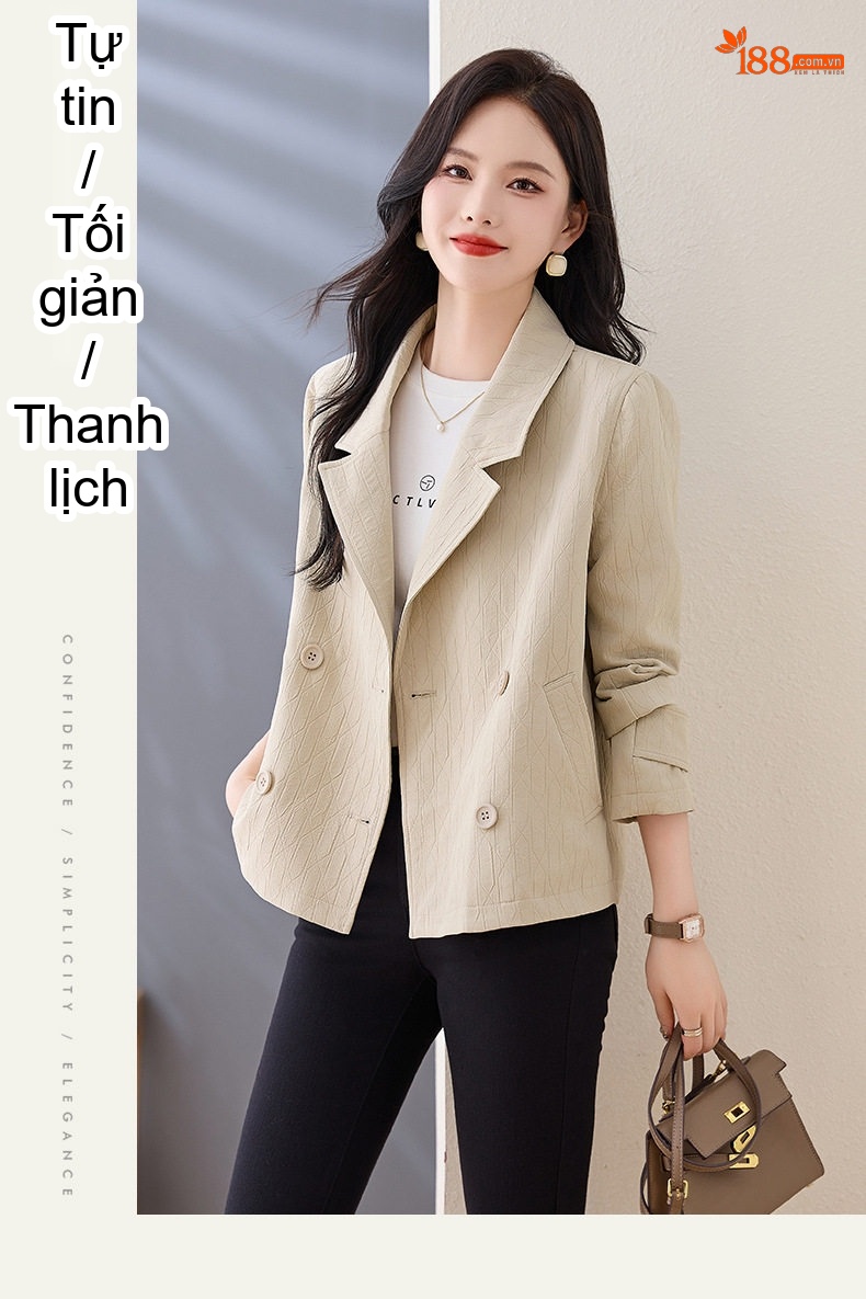 Áo Khoác Blazer Nữ Kiểu Hàn Quốc Dáng Ngắn Vải Gân Tăm Màu Be chi tiết 12