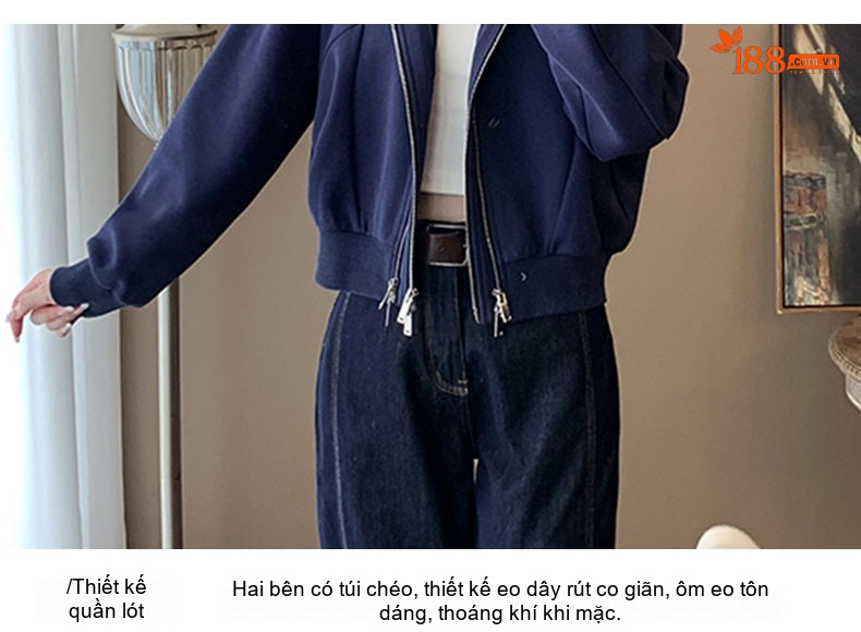 Bộ Quần Áo Thể Thao Nữ Áo Khoác Dáng Lửng Quần Ống Rộng Phong Cách Hàn Quốc Màu Xanh Navy chi tiết 11