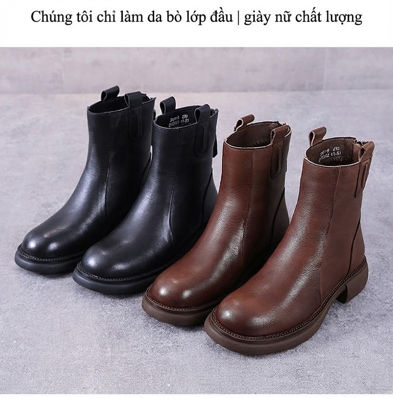 Boot Chelsea Nữ Da Bò Chiều Cao Đế Khoảng 3cm Màu Đen, Nâu chi tiết 2