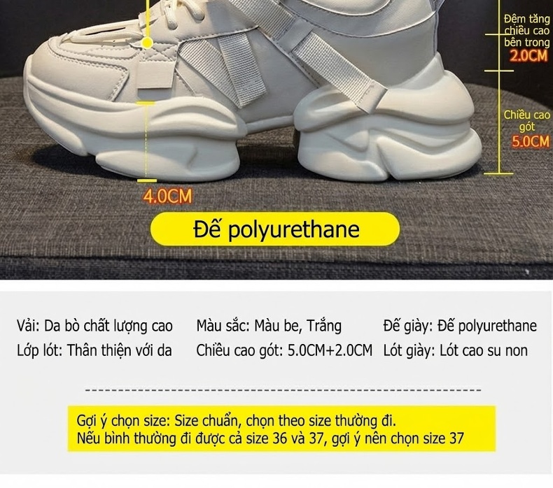 Giày Sneaker Nữ Da Mềm Đế Dày Phong Cách Ulzzang Chiều Cao Đế Khoảng 5cm Màu Trắng, Kem, Hồng chi tiết 9