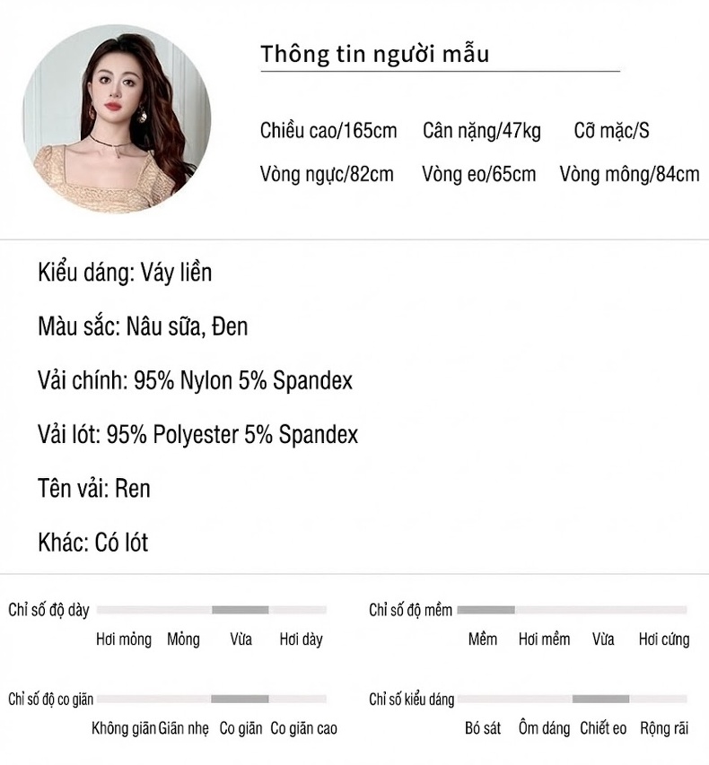 Đầm Ôm Body Nữ Tay Dài Cổ chữ Vuông Ren, Eo Nhún Màu Be, Đen chi tiết 2