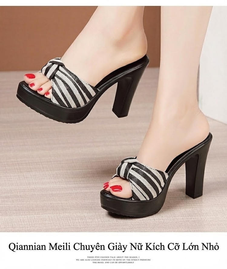 Dép Sục Nữ Quai Ngang Đế Xuồng Chiều Cao Đế Khoảng 8cm Màu Kem Sọc Đỏ, Đen Sọc Trắng chi tiết 11