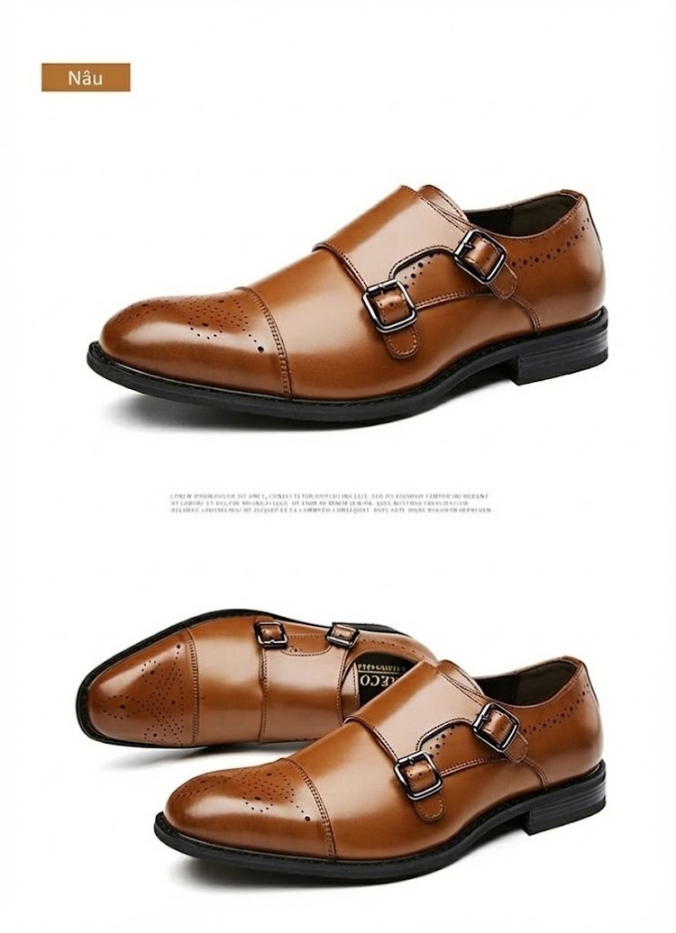 Giày Tây Monk Strap Nam Da Bóng Brogue Chiều Cao Đế Khoảng 3cm Màu Đen chi tiết 23