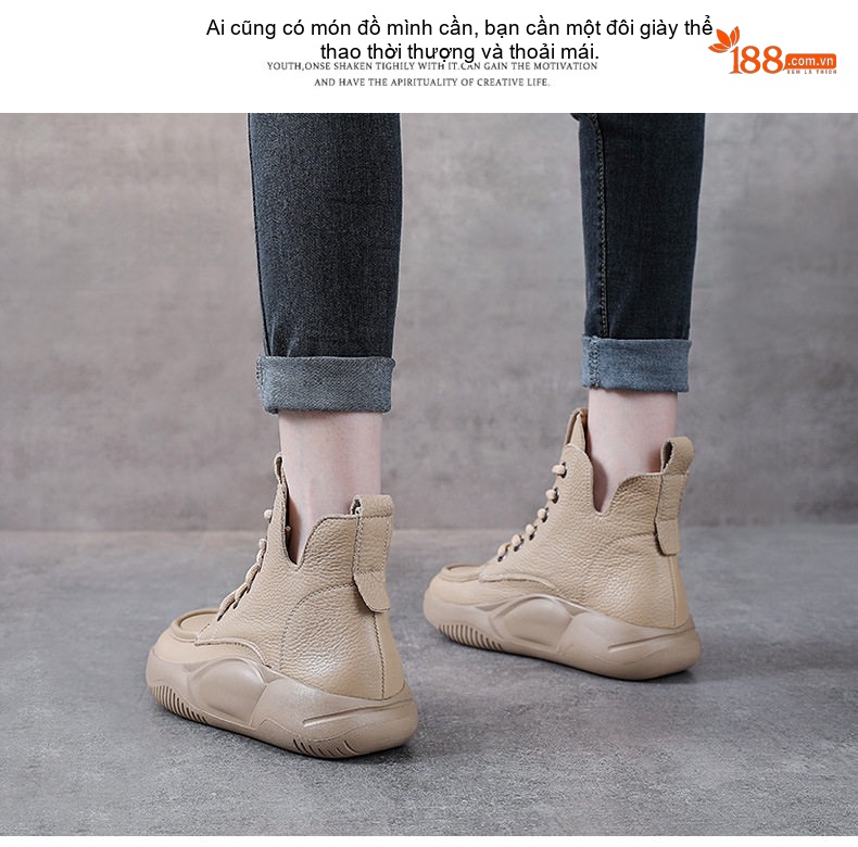 Giày Martin Nữ Da Bò Cổ Cao Buộc Dây Đế Dày Phong Cách Anh Quốc Chiều Cao Đế Khoảng 4cm Màu Be, Nâu, Đen chi tiết 15