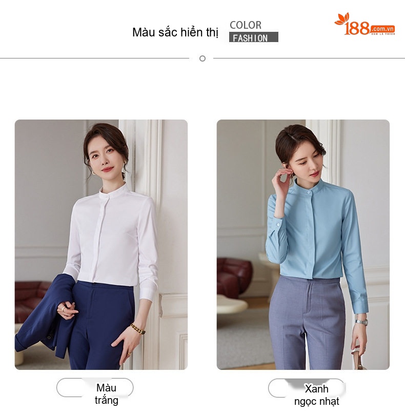 Áo Sơ Mi Nữ Dài Tay Cổ Trụ Dáng Ôm Thời Trang Màu Trắng, Xanh chi tiết 9