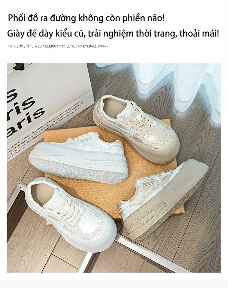 Giày Thể Thao Nữ Da Bò Đế Bằng Chiều Cao Đế Khoảng 4cm Màu Trắng, Be chi tiết 3