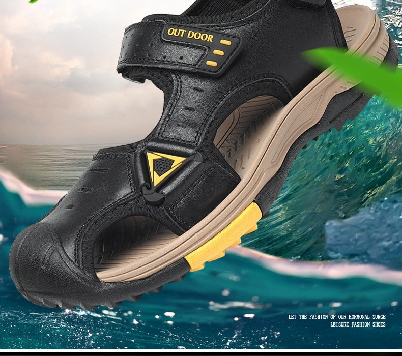 Dép Sandal Nam Da Thật Quai Dán Đế Cao Su Chống Trượt Bít Mũi Đi Biển, Đi Phượt (đế cao 3 cm) chi tiết 2
