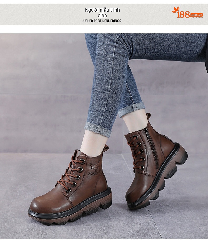Boot Nữ Da Bò Cổ Cao Phong Cách Anh Quốc Chiều Cao Đế Khoảng 5cm Màu Nâu, Đen chi tiết 10