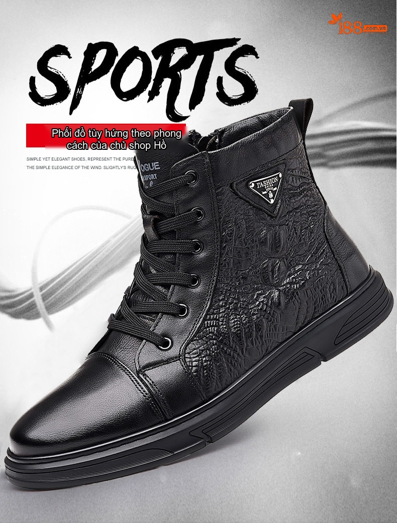 Giày Boot Martin Nam Da Bò Cao Cổ Phong Cách Anh Quốc Chiều Cao Đế Khoảng 3cm Màu Đen chi tiết 1
