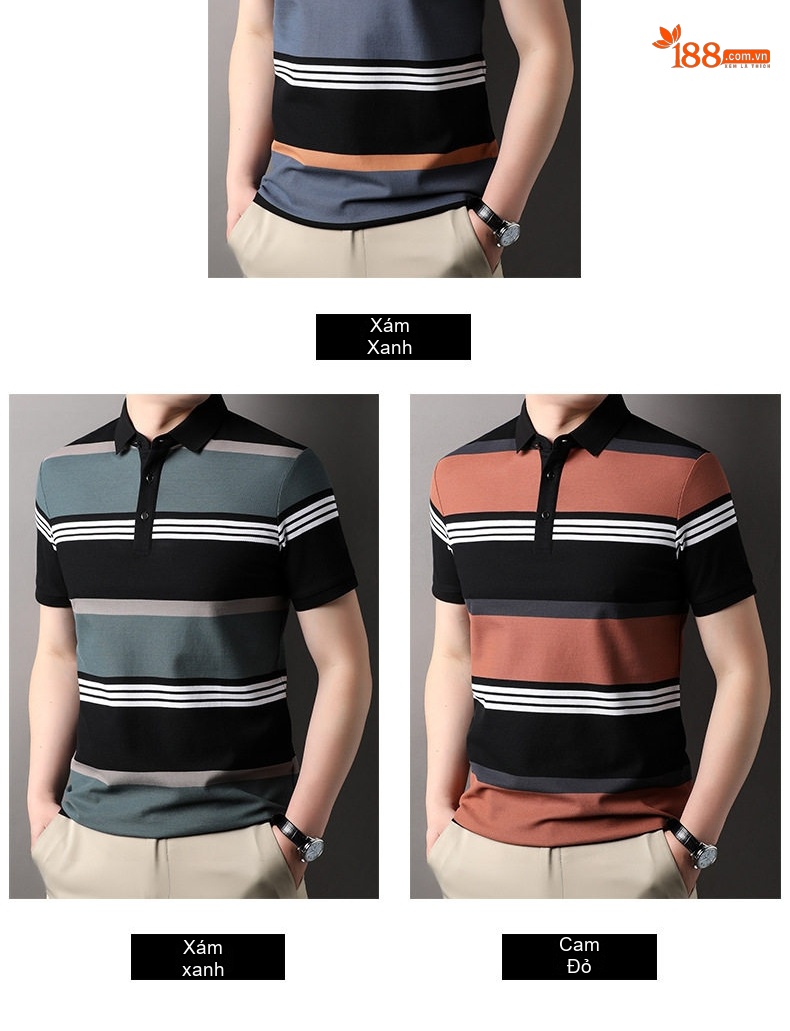 Áo Polo Nam Tay Ngắn Cotton Kẻ Sọc Thời Trang Màu Đen, Nâu, Xám, Trắng chi tiết 4