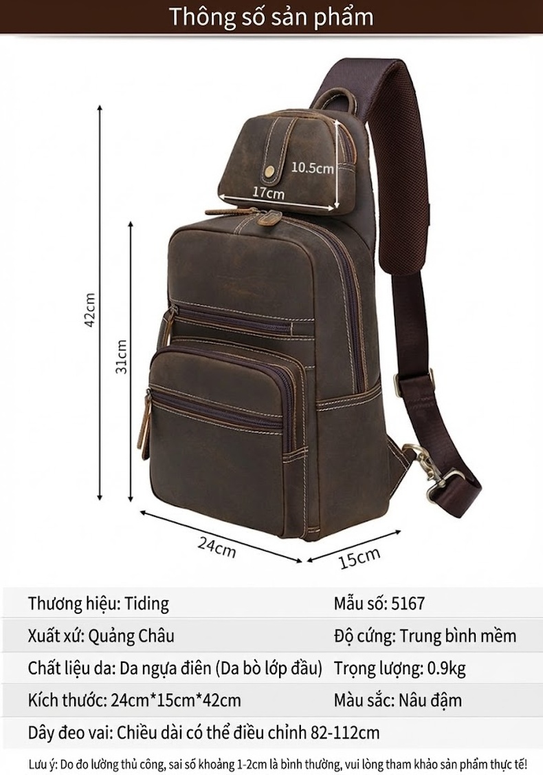 Túi Đeo Chéo Ngực Nam Da Bò Vintage Nhiều Ngăn Kèm Túi Nhỏ Tháo Rời Màu Nâu chi tiết 1