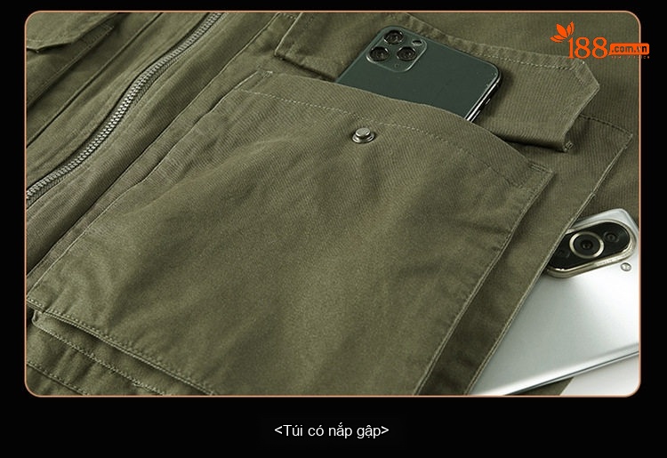Áo Khoác Bomber Nam Cotton Giặt Nước Nhiều Túi Dáng Rộng Màu Đen, Xanh Olive, Nâu Vàng chi tiết 16