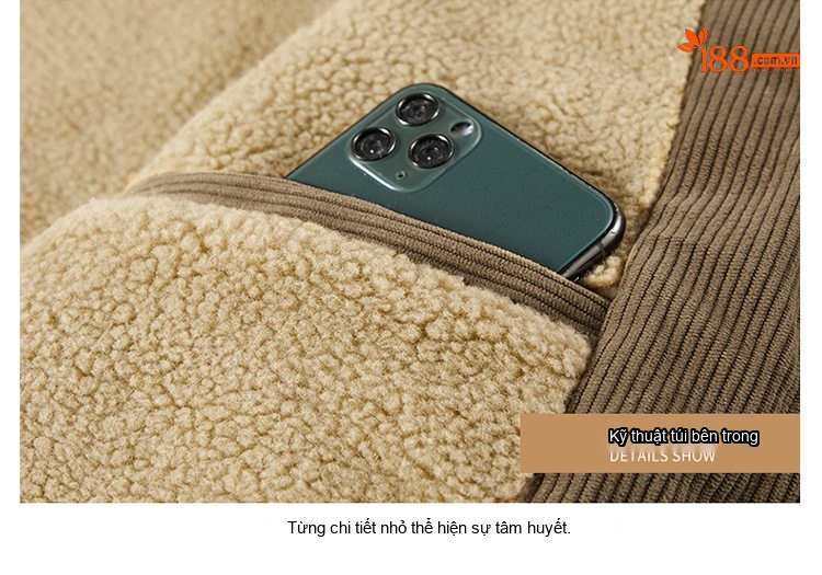 Áo Khoác Nam Cotton Lót Lông Cừu Non Cổ Lông Rộng Dáng Rộng Màu Đen, Nâu, Xanh... chi tiết 41