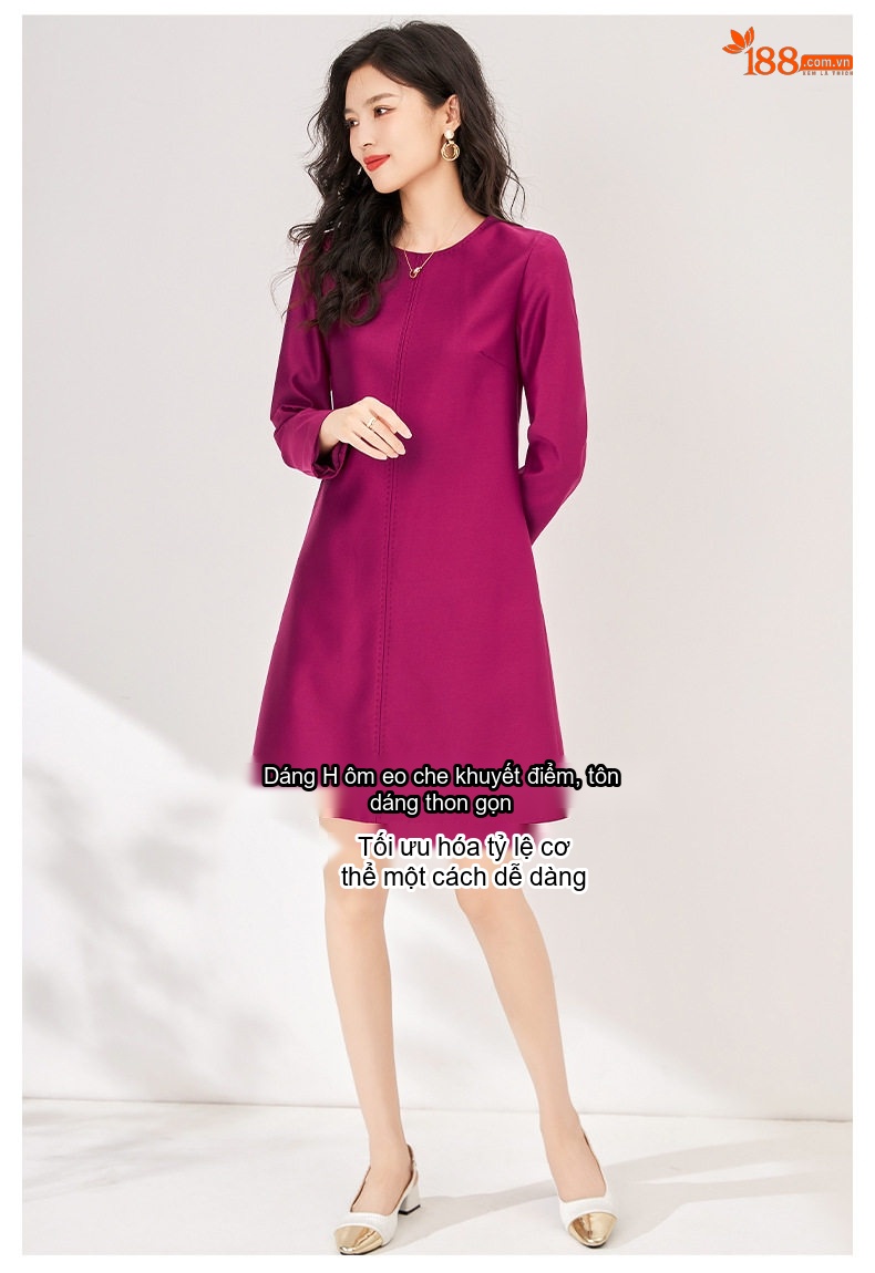 Đầm Liền Nữ dáng chữ A Thanh Lịch Tay Lỡ Phong Cách Công Sở Màu Đen, Hồng, Đỏ Tía chi tiết 6