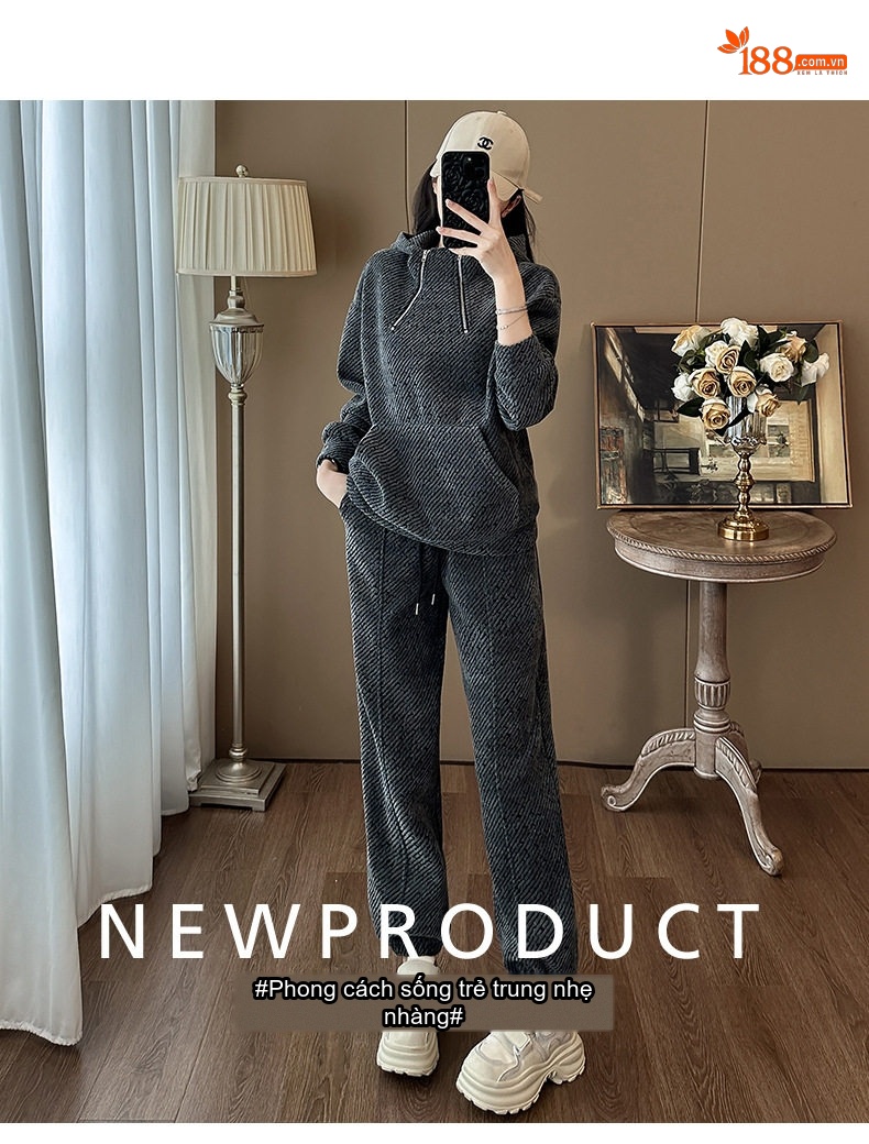 Bộ Đồ Nữ Áo Hoodie và Quần Dài Thể Thao Nỉ Lót Lông Phong Cách Hàn Quốc Màu Xám chi tiết 2