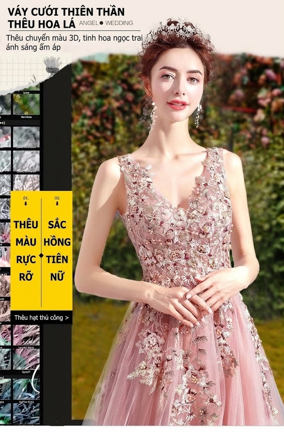 Váy Dạ Hội Nữ Cổ chữ V Vải Voan Màu Hồng Nude chi tiết 1