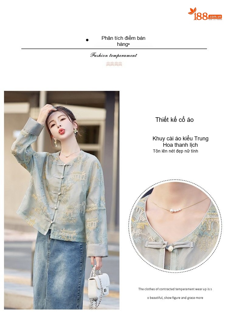 Áo Khoác Quốc Phong Nữ Thêu Họa Tiết Dáng Rộng Tay Lỡ Cổ Tàu Màu Xanh, Trắng chi tiết 5