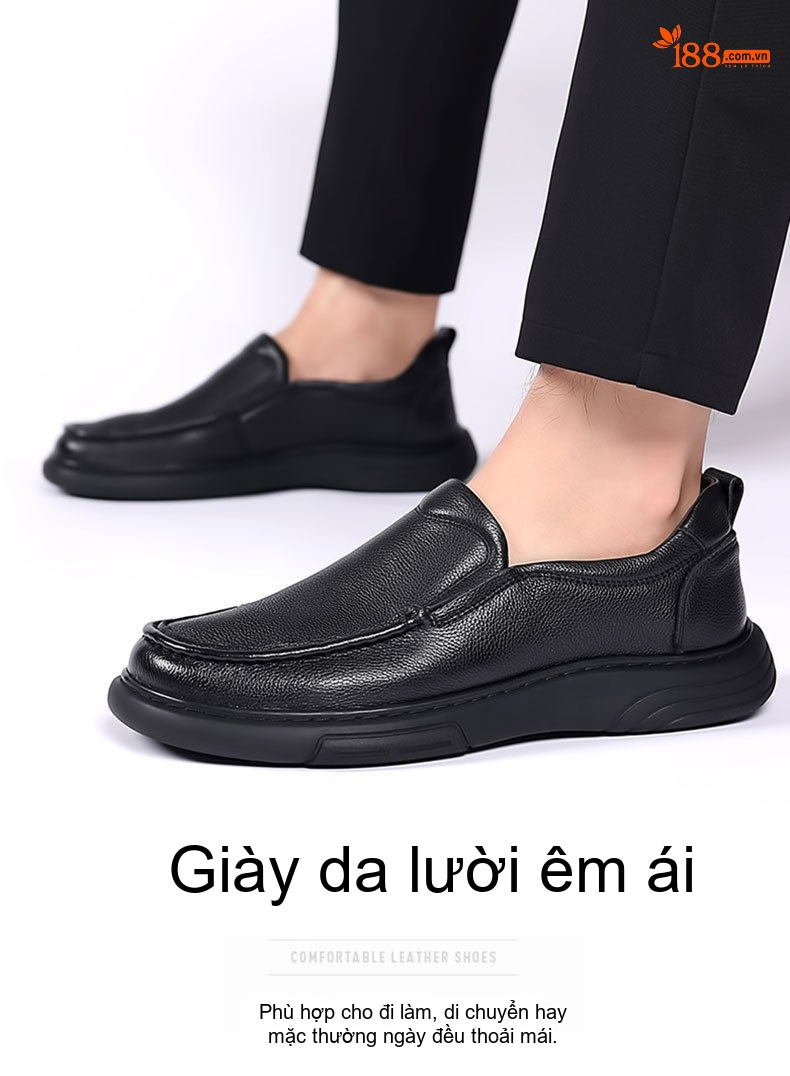 Giày Lười Nam Da Bò Đầu Tròn Chống Trượt Chiều Cao Đế Khoảng 3cm Màu Đen chi tiết 1
